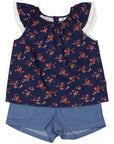Navy Floral Blouse and Dark Short Set