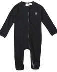 Cotton Stretch Long Sleeve Romper with Zip - Black