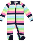 Cotton Stretch Long Sleeve Romper with Zip - Pastel Rainbow Stripe with Navy Trim