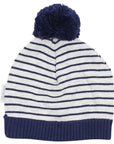 Striped Knit Beanie with Pom Pom Navy