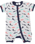Shark Print Short Sleeve Romper Grey Marle