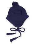 Knit Beanie with Tassels and Pom Pom Navy