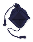 Knit Beanie with Tassels and Pom Pom Navy