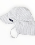 A light grey and white striped sun hat with a back flap and chin ties, featuring a small navy brand label that reads Korango