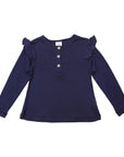 Soft Cotton Modal Button Down Frill Top Navy