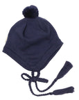 Knit Beanie with Tassels and Pom Pom Navy