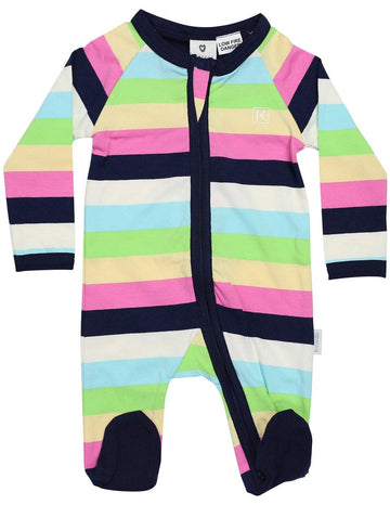 Cotton Stretch Long Sleeve Romper with Zip - Pastel Rainbow Stripe with Navy Trim