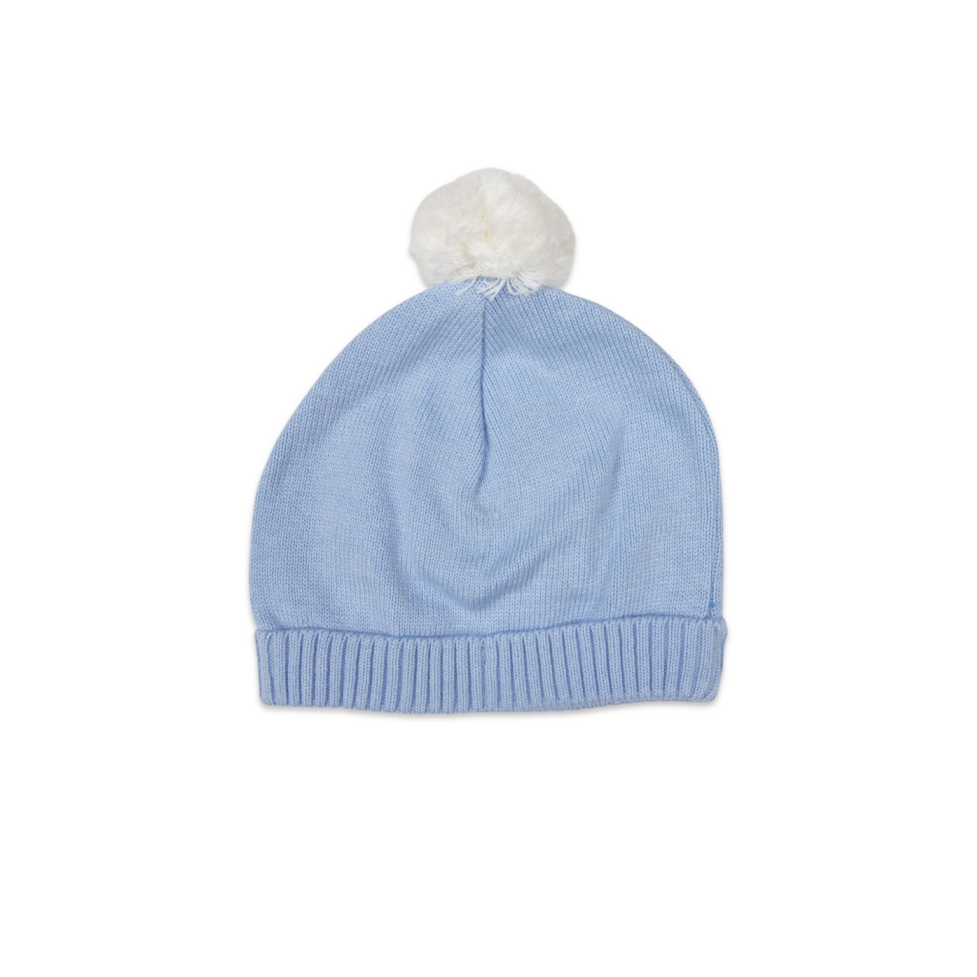 Knit Beanie White with Blue Pom