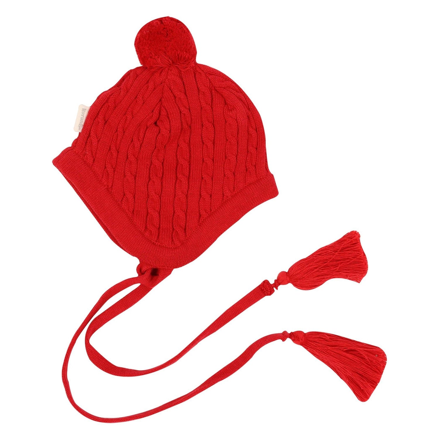 Cable Knit Beanie Red with Tassels