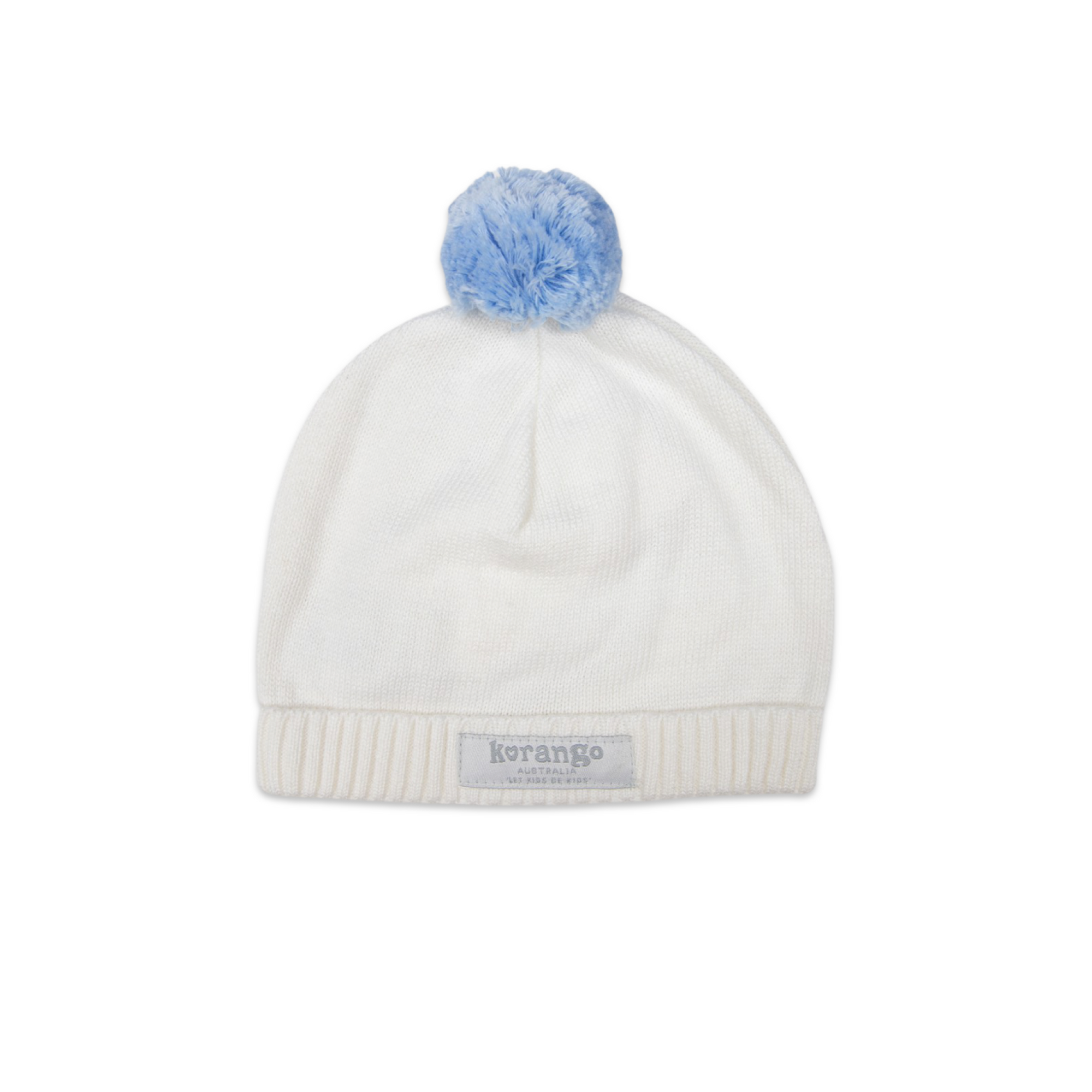 Knit Beanie White with Blue Pom