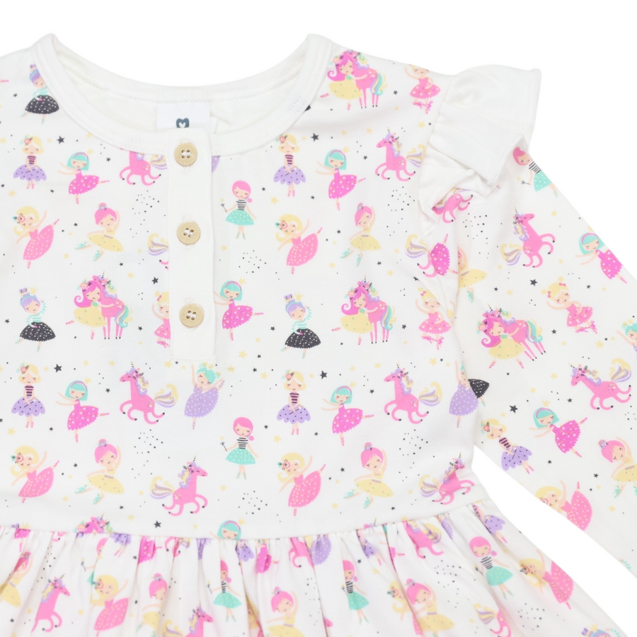 Dancing Unicorn Print Dress Cream