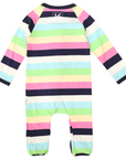 Cotton Stretch Long Sleeve Romper with Zip - Pastel Rainbow Stripe with Navy Trim
