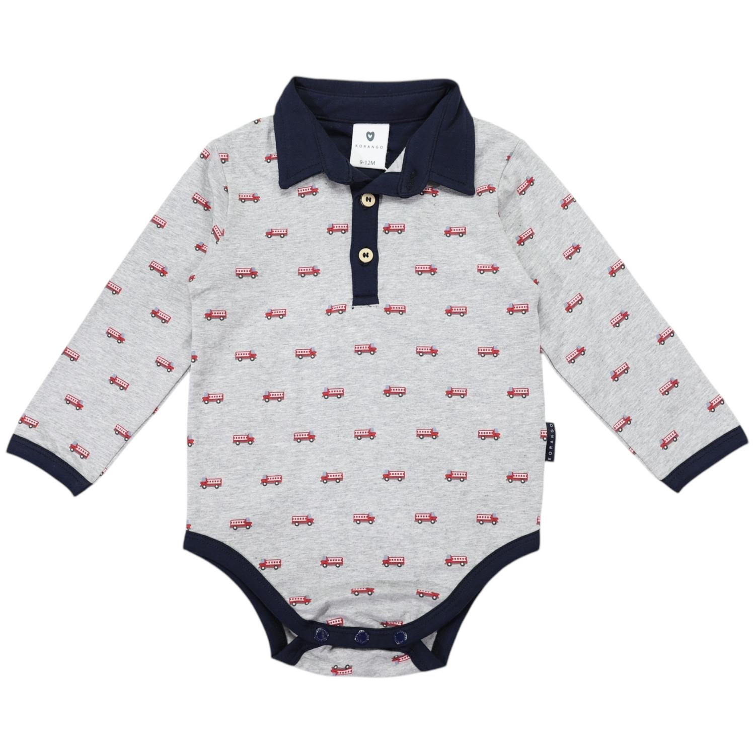 Fire Truck Print Collared Bodysuit Grey Marle