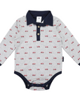 Fire Truck Print Collared Bodysuit Grey Marle