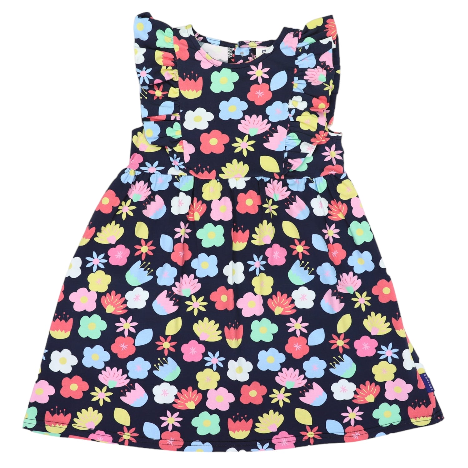 Flower Print Cotton Stretch Frill Dress Navy