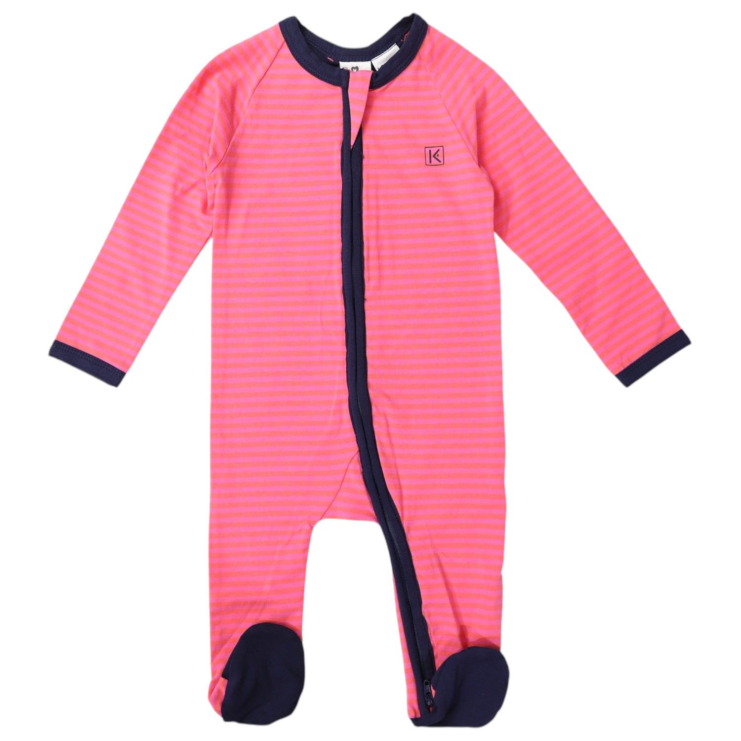 Cotton Stretch Long Sleeve Romper with Zip - Pink/Orange Stripe