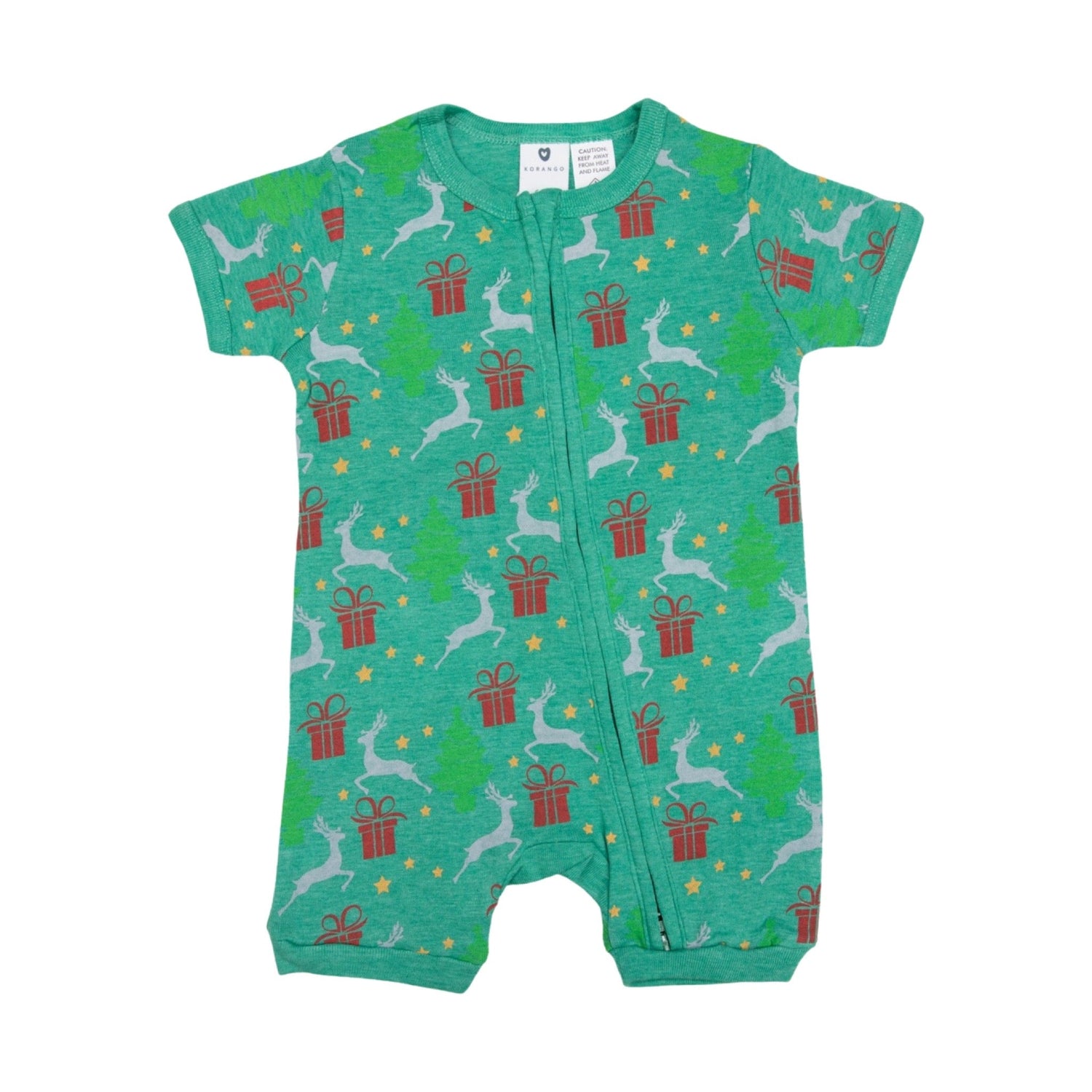 Pyjamas Cotton Modal Xmas Short Sleeve Zip Romper Green