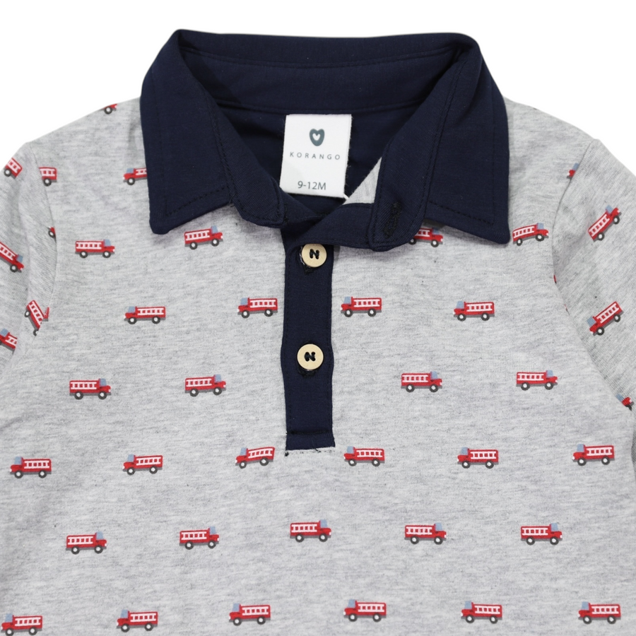 Fire Truck Print Collared Bodysuit Grey Marle