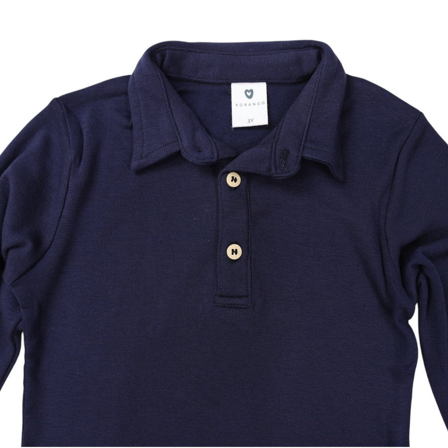 Cotton Modal Long Sleeve Polo Navy