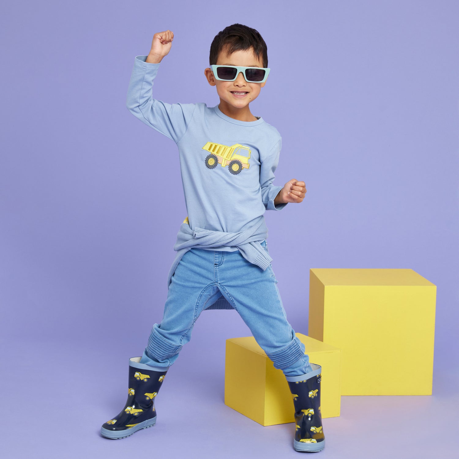 Long Sleeve Top with Truck Applique Dusty Blue