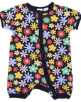 Flower Print Short Sleeve Zip Romper Navy