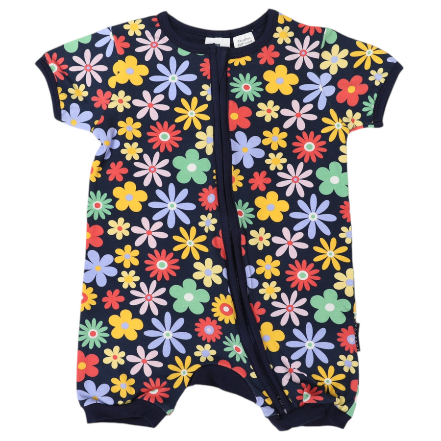 Flower Print Short Sleeve Zip Romper Navy