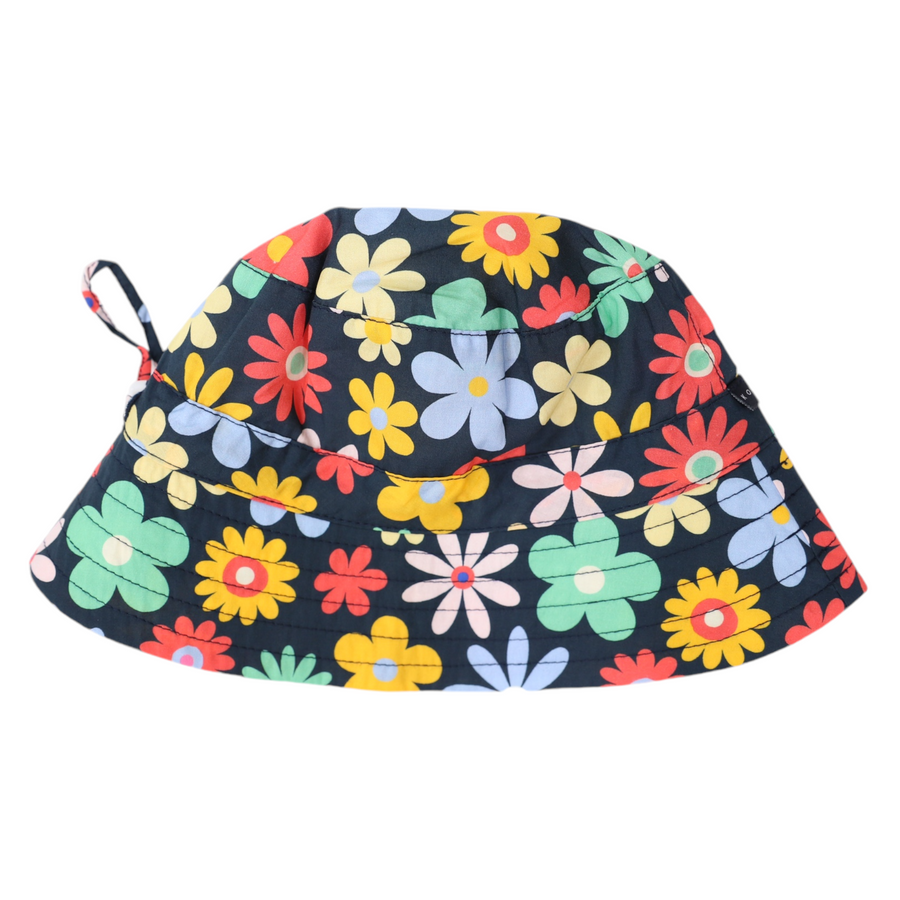 Flower Print Woven Frill Sun Hat Navy