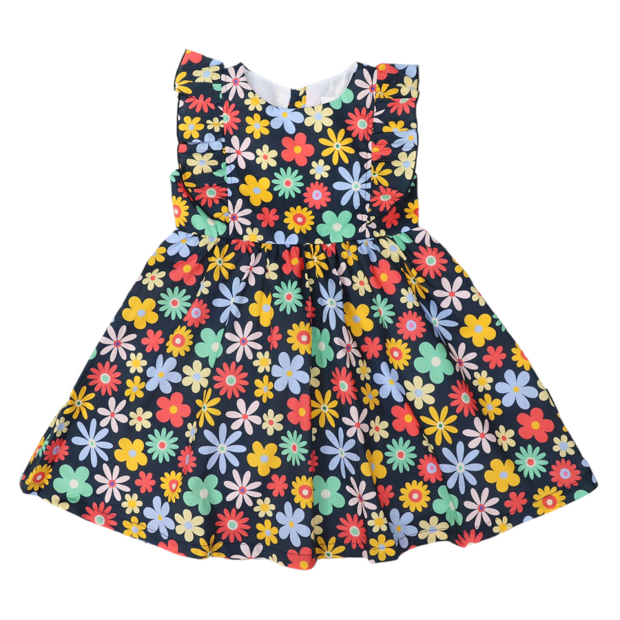 Flower Print Woven Frill Dress Navy