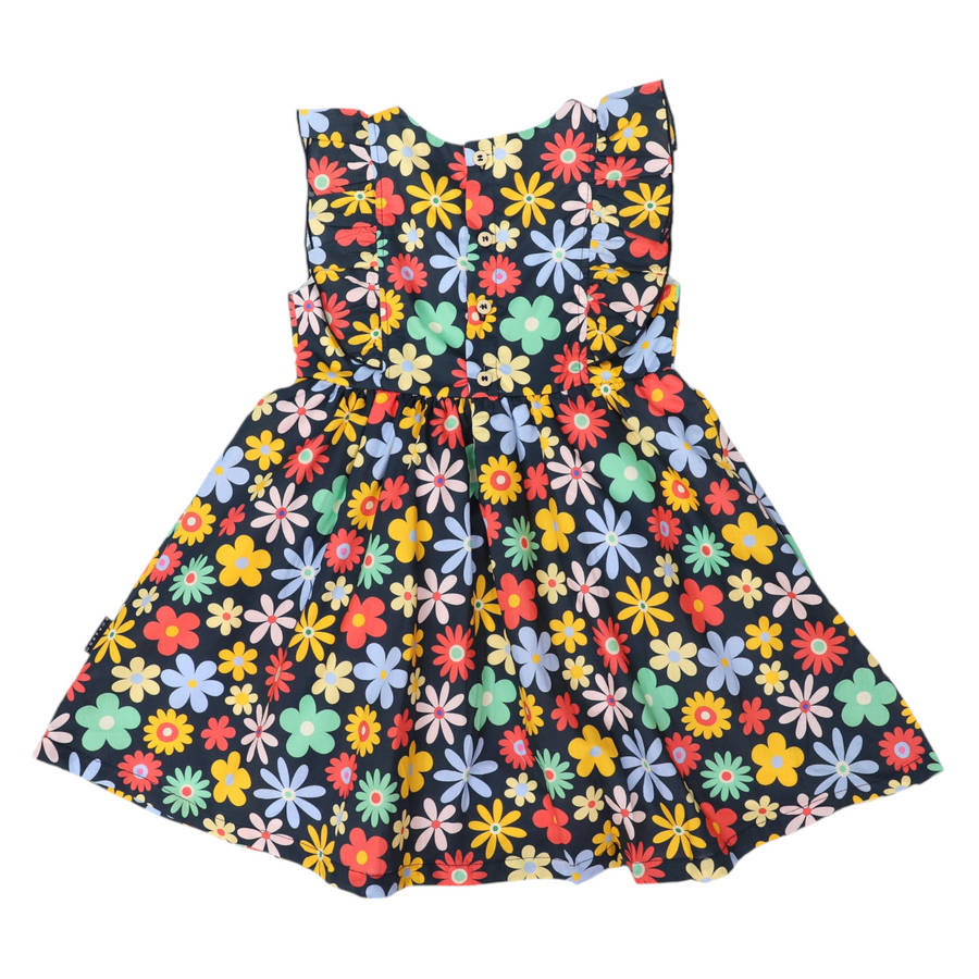 Flower Print Woven Frill Dress Navy