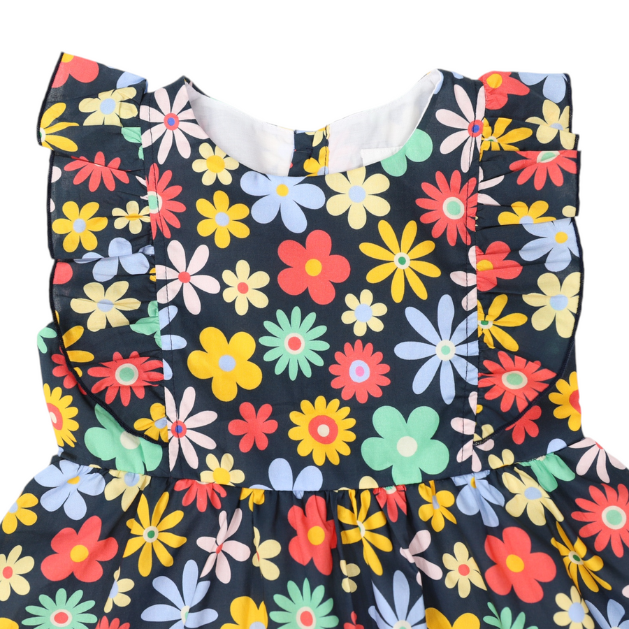 Flower Print Woven Frill Dress Navy