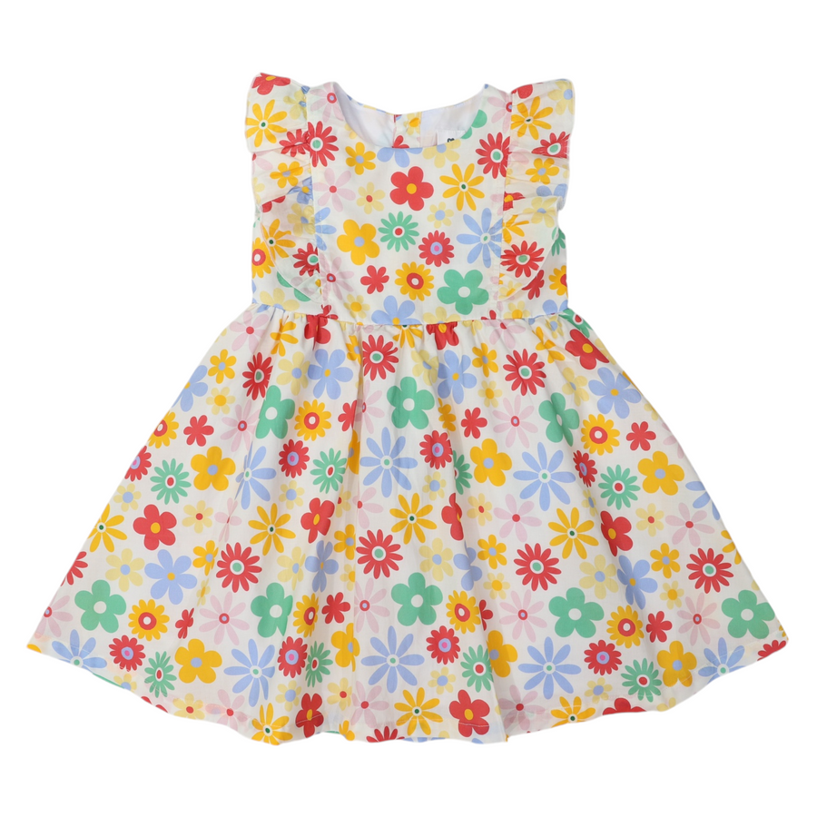 Flower Print Woven Frill Dress Cloud