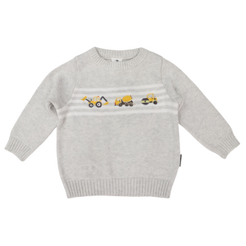 Trucks and Diggers Embroidered Knit Sweater Grey Marle