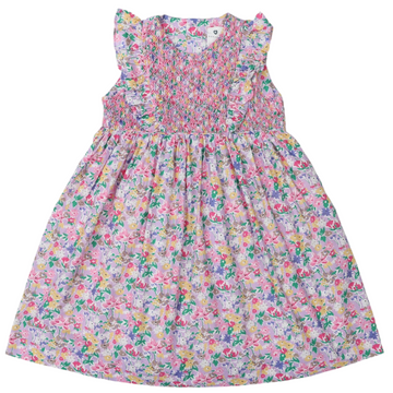 Hand Smocked Floral Dress with Frill Blue