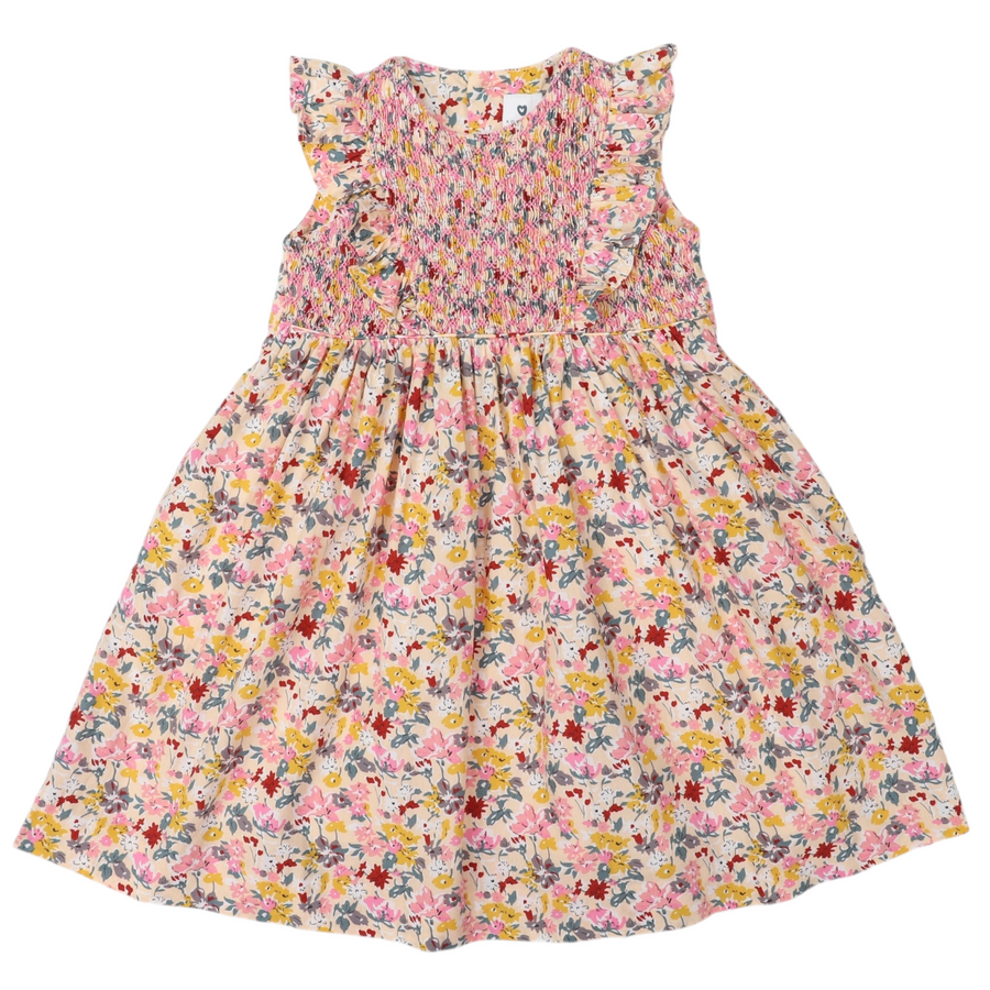 Hand Smocked Floral Dress with Frill Pink