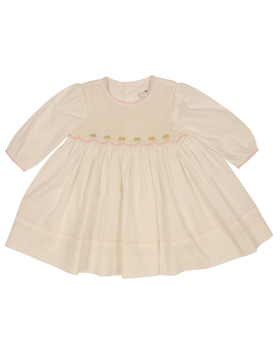 Rosettes Twill Smocked Dress Ivory