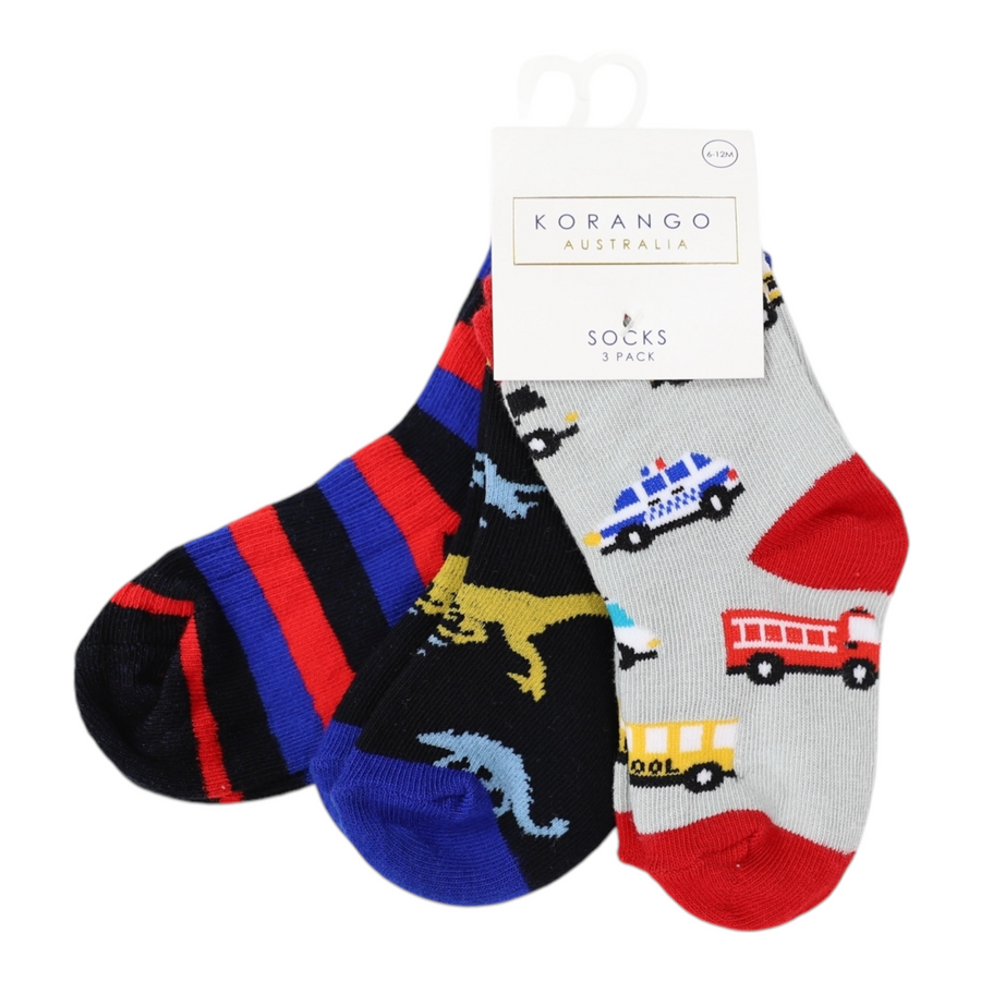 Cars & Dinosaur Socks 3pk Assorted