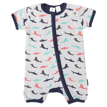 Shark Print Short Sleeve Romper Grey Marle