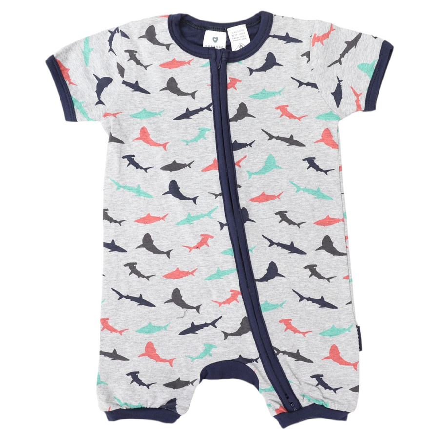 Shark Print Short Sleeve Romper Grey Marle