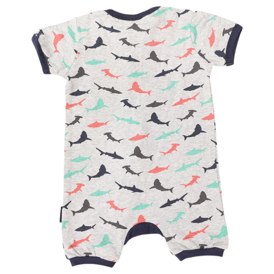 Shark Print Short Sleeve Romper Grey Marle