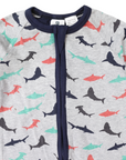 Shark Print Long Sleeve Romper Grey Marle