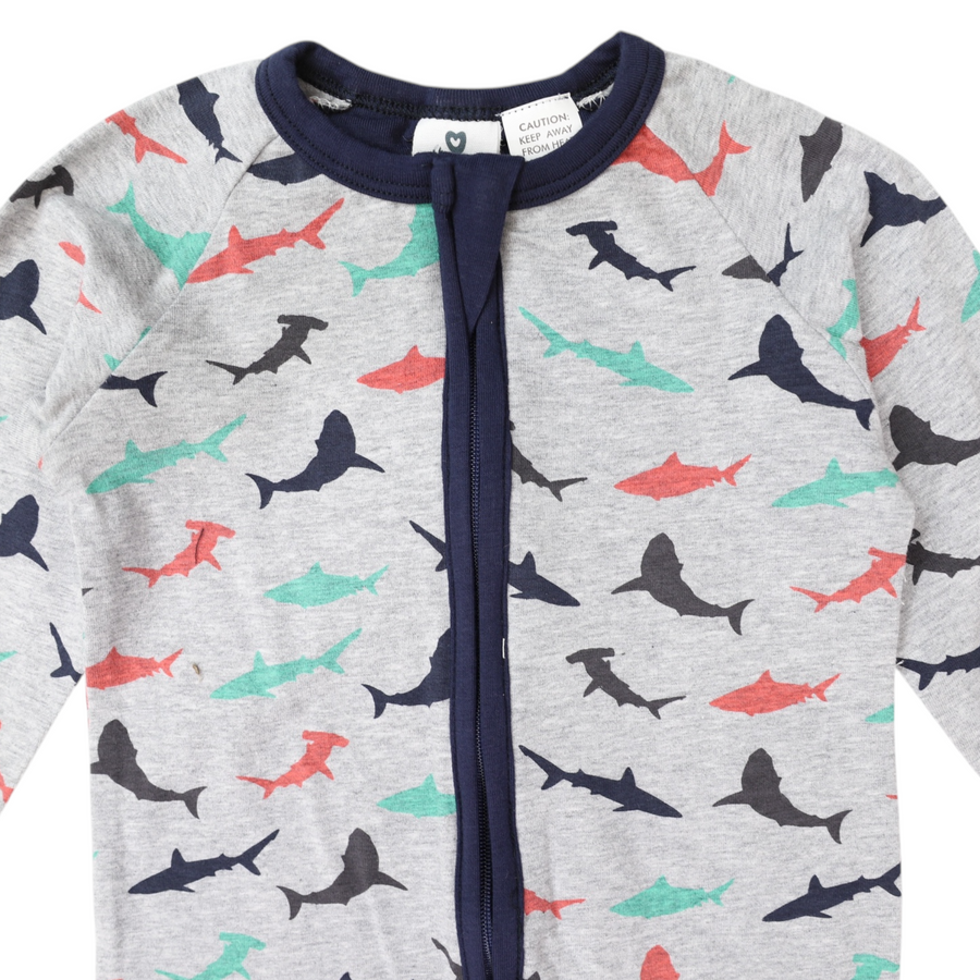 Shark Print Long Sleeve Romper Grey Marle