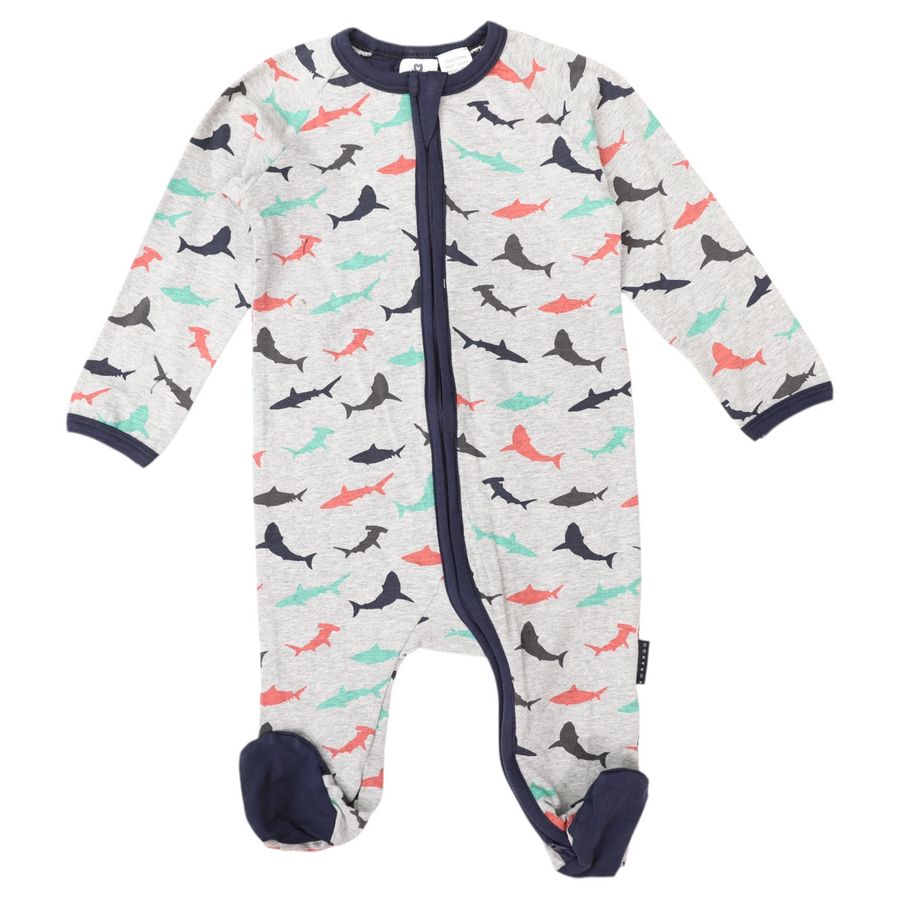 Shark Print Long Sleeve Romper Grey Marle