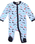 Shark Print Long Sleeve Romper Blue