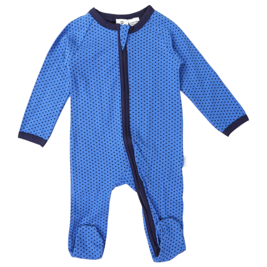 Cotton Stretch Long Sleeve Romper with Zip - Blue with Spots