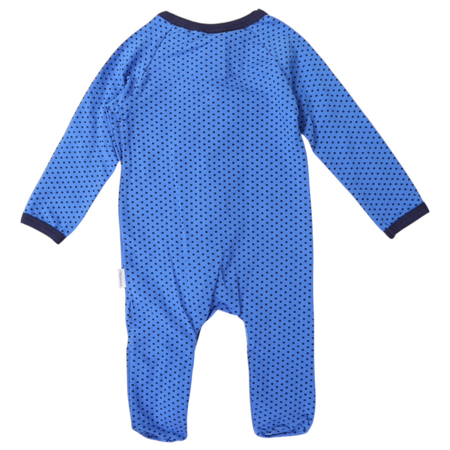 Cotton Stretch Long Sleeve Romper with Zip - Blue with Spots