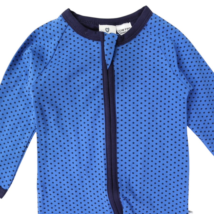 Cotton Stretch Long Sleeve Romper with Zip - Blue with Spots