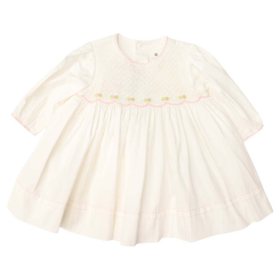 Rosettes Twill Smocked Dress Ivory