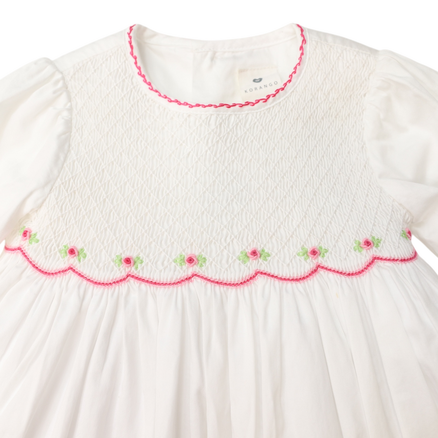 Rosettes Twill Smocked Dress White