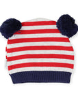 Stripe Knit Beanie with Pom Poms Red
