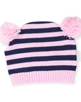 Stripe Knit Beanie with Pom Poms Pink